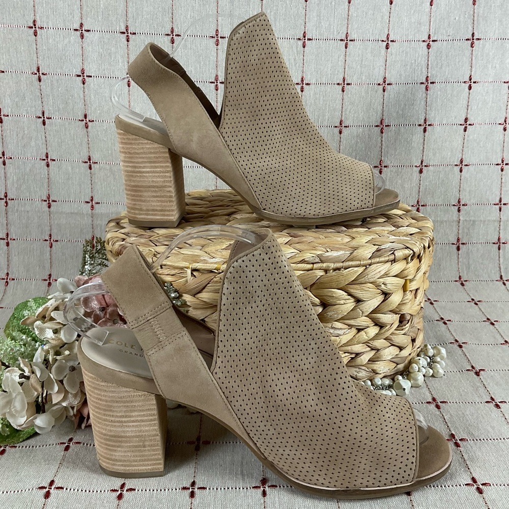 Cole Haan “Callista” Open Toe Sling Suede Bootie Tan Perforated Suede Womens 11 - Picture 8 of 10